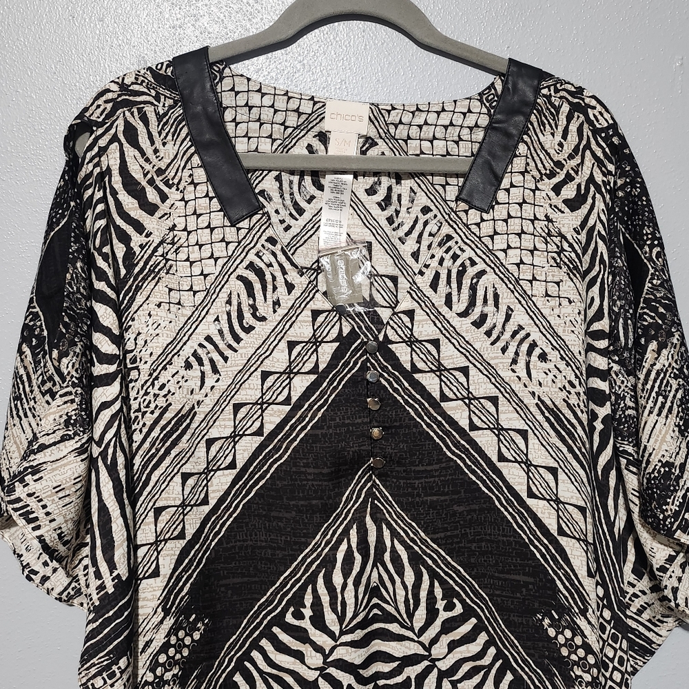 CHICOS Savvy Animal Cold Shoulder Poncho Women S/M Black Ecru Sheer Chic Zebra - Picture 3 of 14